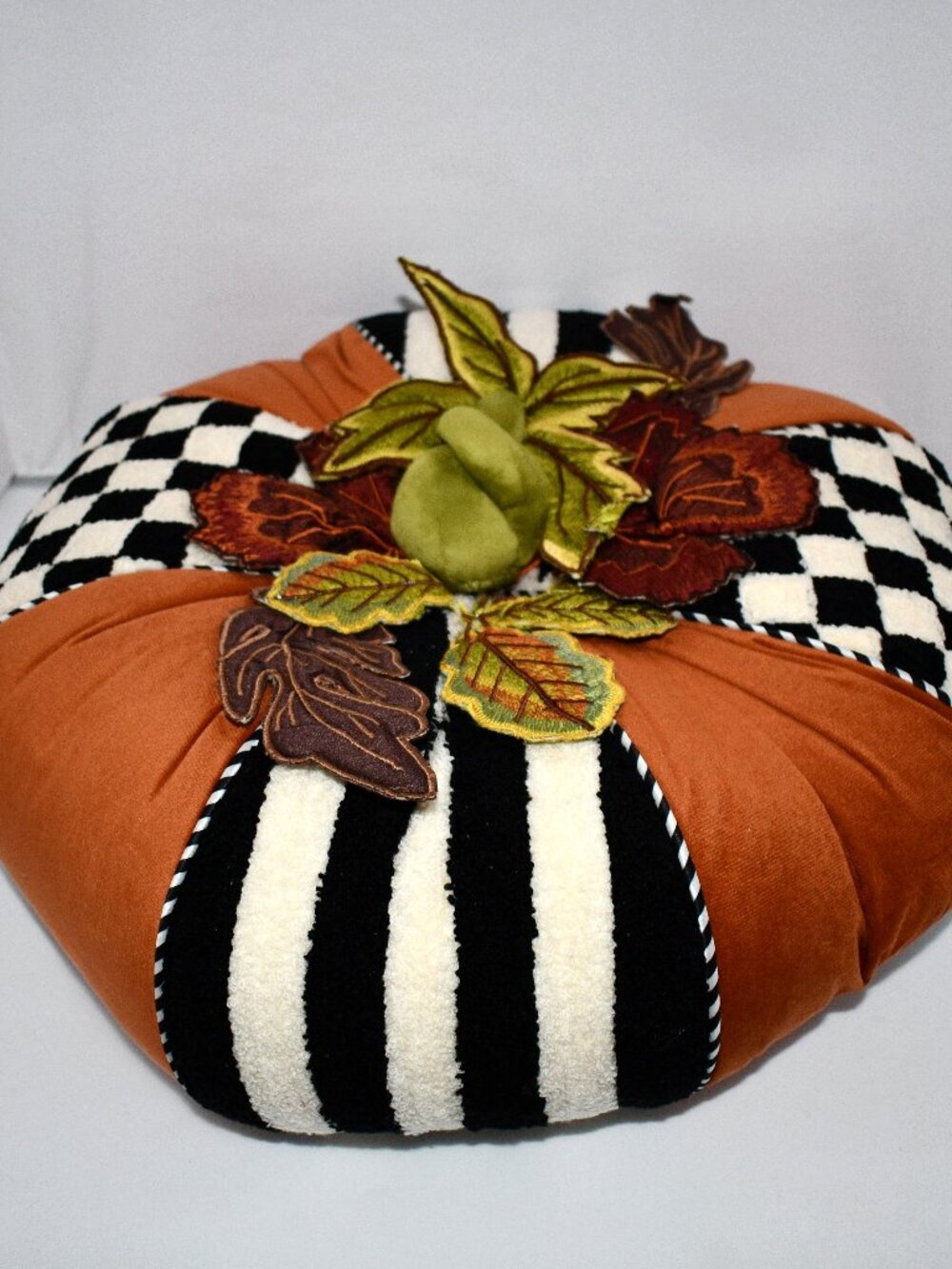 MacKenzie-Childs Harvest Check & Stripe Round Decorative Pillow #75759-1005 NWT